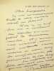 Lettre autographe sign&eacute;e &agrave; l'&eacute;crivain L&eacute;o Larguier. Roland Dorgel&egrave;s (1885-1973), &eacute;crivain, membre de l'Acad&eacute;mie Goncourt.