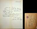Lettre autographe sign&eacute;e &agrave; l'&eacute;crivain L&eacute;o Larguier. Andr&eacute; Billy (1882-1971), &eacute;crivain, membre de l'Acad&eacute;mie Goncourt. 