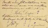 Carte autographe sign&eacute;e. Jules Dupr&eacute; (1860-ap.1906), employ&eacute; aux Beaux-Arts, fils du fameux peintre Jules Dupr&eacute; (1811-1889). 