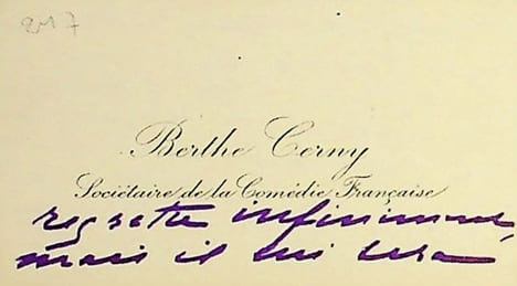 Carte autographe. Berthe Cerny (1868-1940), actrice, sociétaire de la Comédie-Française.