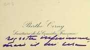 Carte autographe. Berthe Cerny (1868-1940), actrice, soci&eacute;taire de la Com&eacute;die-Fran&ccedil;aise. 
