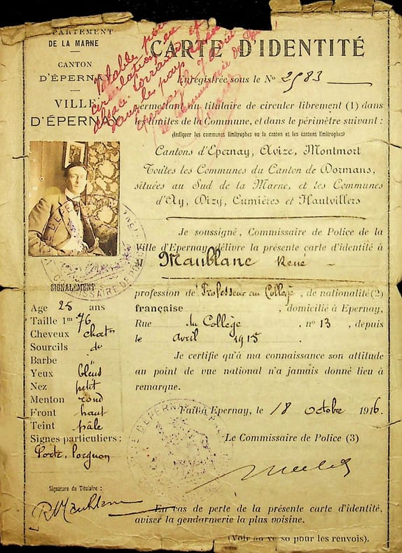 Pi&egrave;ce sign&eacute;e : Carte d'identit&eacute;. Ren&eacute; Maublanc (1891-1960), philosophe, &eacute;crivain, antifasciste. 