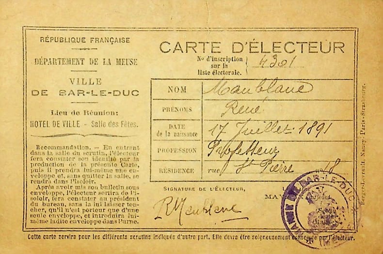 Pi&egrave;ce sign&eacute;e : Carte d'&eacute;lecteur. Ren&eacute; Maublanc (1891-1960), philosophe, &eacute;crivain, antifasciste. 