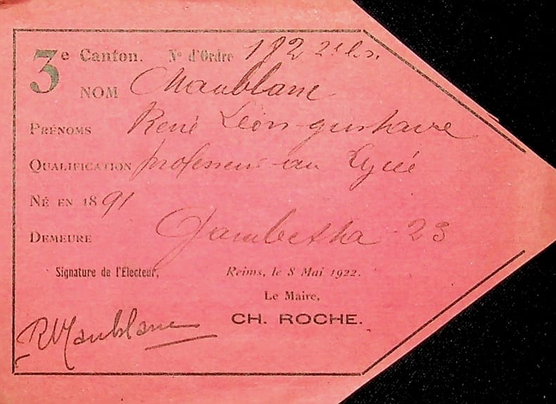 Pi&egrave;ce sign&eacute;e : Carte d'&eacute;lecteur. Ren&eacute; Maublanc (1891-1960), philosophe, &eacute;crivain, antifasciste. 