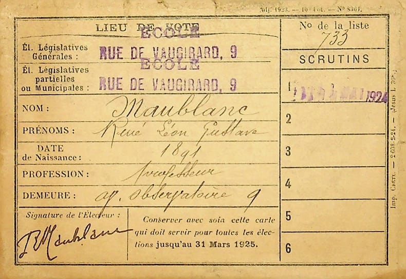 Pi&egrave;ce sign&eacute;e : Carte d'&eacute;lecteur. Ren&eacute; Maublanc (1891-1960), philosophe, &eacute;crivain, antifasciste. 