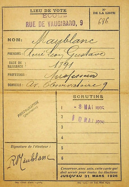 Pi&egrave;ce sign&eacute;e : Carte d'&eacute;lecteur. Ren&eacute; Maublanc (1891-1960), philosophe, &eacute;crivain, antifasciste. 
