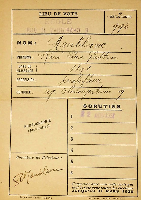 Pi&egrave;ce sign&eacute;e : Carte d'&eacute;lecteur. Ren&eacute; Maublanc (1891-1960), philosophe, &eacute;crivain, antifasciste. 