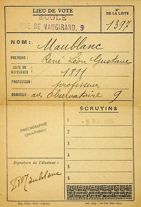 Pi&egrave;ce sign&eacute;e : Carte d'&eacute;lecteur. Ren&eacute; Maublanc (1891-1960), philosophe, &eacute;crivain, antifasciste. 