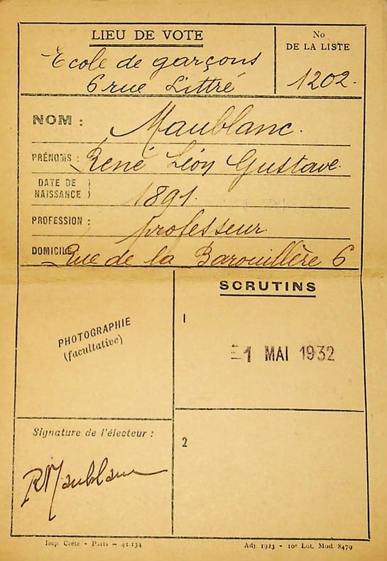 Pi&egrave;ce sign&eacute;e : Carte d'&eacute;lecteur. Ren&eacute; Maublanc (1891-1960), philosophe, &eacute;crivain, antifasciste. 