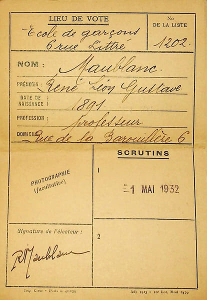 Pi&egrave;ce sign&eacute;e : Carte d'&eacute;lecteur. Ren&eacute; Maublanc (1891-1960), philosophe, &eacute;crivain, antifasciste. 