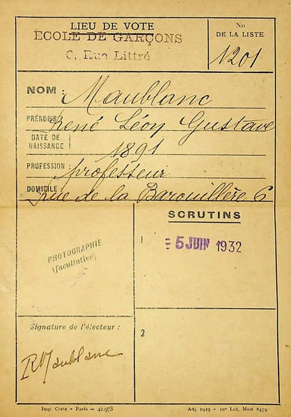 Pi&egrave;ce sign&eacute;e : Carte d'&eacute;lecteur. Ren&eacute; Maublanc (1891-1960), philosophe, &eacute;crivain, antifasciste. 