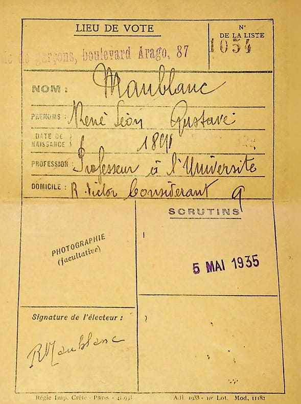 Pi&egrave;ce sign&eacute;e : Carte d'&eacute;lecteur. Ren&eacute; Maublanc (1891-1960), philosophe, &eacute;crivain, antifasciste. 