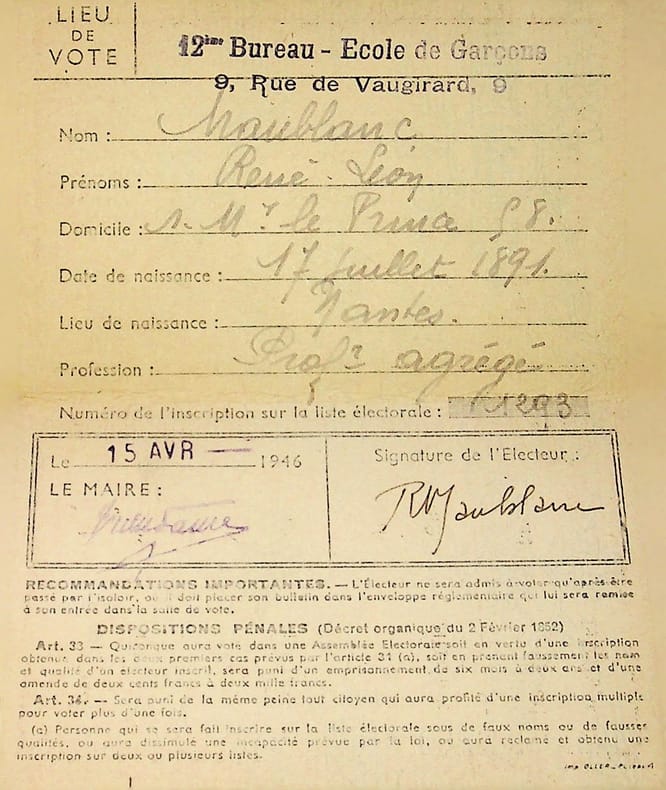 Pi&egrave;ce sign&eacute;e : Carte d'&eacute;lecteur. Ren&eacute; Maublanc (1891-1960), philosophe, &eacute;crivain, antifasciste. 