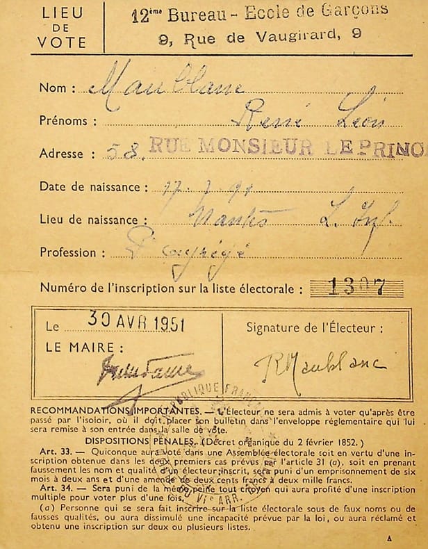 Pi&egrave;ce sign&eacute;e : Carte d'&eacute;lecteur. Ren&eacute; Maublanc (1891-1960), philosophe, &eacute;crivain, antifasciste. 
