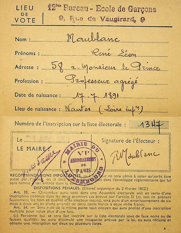 Pi&egrave;ce sign&eacute;e : Carte d'&eacute;lecteur. Ren&eacute; Maublanc (1891-1960), philosophe, &eacute;crivain, antifasciste. 