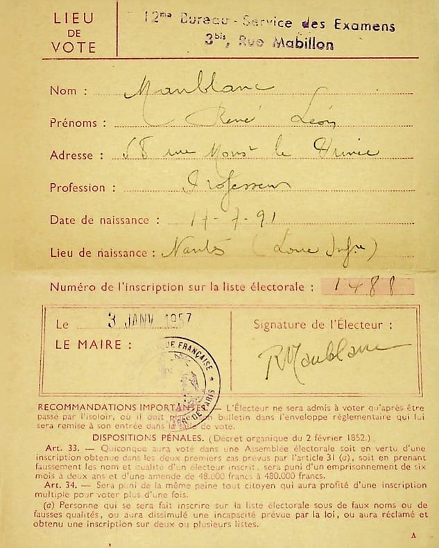 Pi&egrave;ce sign&eacute;e : Carte d'&eacute;lecteur. Ren&eacute; Maublanc (1891-1960), philosophe, &eacute;crivain, antifasciste. 
