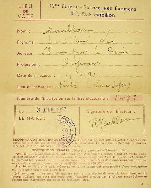 Pi&egrave;ce sign&eacute;e : Carte d'&eacute;lecteur. Ren&eacute; Maublanc (1891-1960), philosophe, &eacute;crivain, antifasciste. 