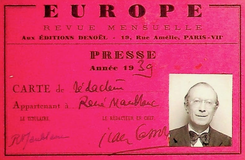 Pi&egrave;ce sign&eacute;e par Maublanc et Cassou : Carte de presse revue Europe. Ren&eacute; Maublanc (1891-1960), philosophe, &eacute;crivain, antifasciste. 