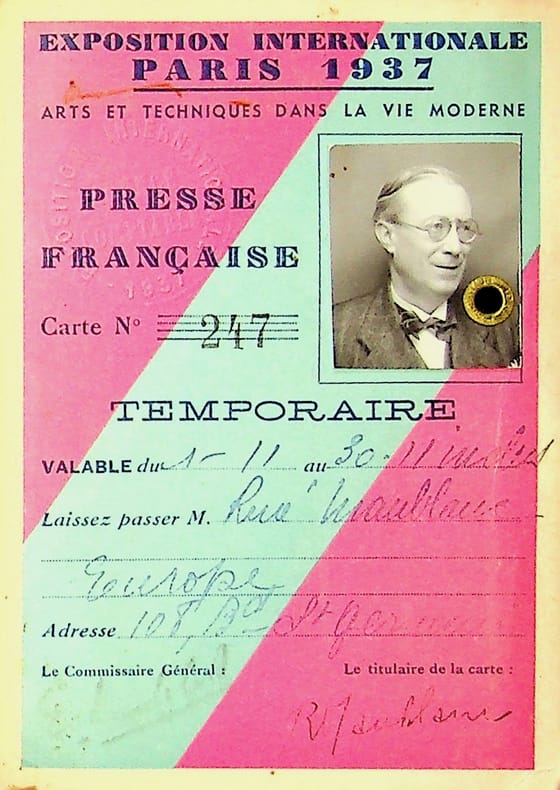 Pi&egrave;ce sign&eacute;e : Carte de l'Exposition Internationale Paris 1937. Ren&eacute; Maublanc (1891-1960), philosophe, &eacute;crivain, antifasciste. 