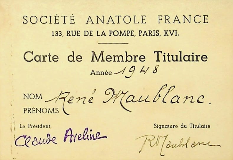 Pi&egrave;ce sign&eacute;e : Soci&eacute;t&eacute; Anatole France. Ren&eacute; Maublanc (1891-1960), philosophe, &eacute;crivain, antifasciste. 