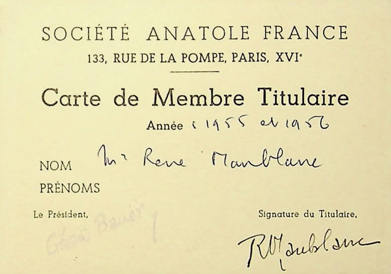 Pi&egrave;ce sign&eacute;e : Soci&eacute;t&eacute; Anatole France. Ren&eacute; Maublanc (1891-1960), philosophe, &eacute;crivain, antifasciste. 