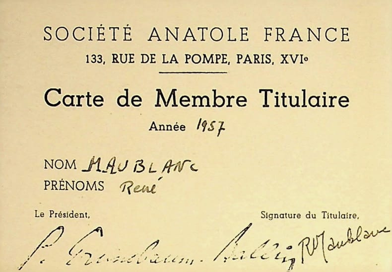 Pi&egrave;ce sign&eacute;e : Soci&eacute;t&eacute; Anatole France. Ren&eacute; Maublanc (1891-1960), philosophe, &eacute;crivain, antifasciste. 