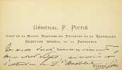 Carte autographe sign&eacute;e. Fran&ccedil;ois Pitti&eacute; (1829-1886), militaire, g&eacute;n&eacute;ral, &eacute;crivain. 