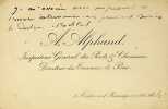 Carte autographe . Adolphe Alphand (1817-1891), ing&eacute;nieur, directeur des travaux de Paris. 