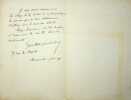 Lettre autographe sign&eacute;e. Gustave Guiches (1860-1935), &eacute;crivain. 