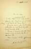 Lettre autographe sign&eacute;e &agrave; Jean Mor&eacute;as. Alexandre-Marie Desrousseaux dit Bracke (1861-1955), &eacute;crivain, hell&eacute;niste, homme politique, militant ...