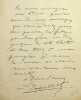 Lettre autographe sign&eacute;e. Louis Jacolliot (1837-1890), &eacute;crivain, indianiste, premier &agrave; parler d'Asgartha. 