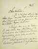 Lettre autographe sign&eacute;e. Hector de Saint Maur (1808-1879), po&egrave;te, ami de Jules Barbey d'Aurevilly. 