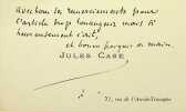Carte autographe sign&eacute;e. Jules Case (1854-1931), &eacute;crivain, journaliste. 