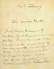 Lettre autographe sign&eacute;e &agrave; Ludovic Baschet. Mario Proth (1832-1891), &eacute;crivain, journaliste. 