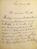 Lettre autographe sign&eacute;e &agrave; Henri Launette. Mario Proth (1832-1891), &eacute;crivain, journaliste. 