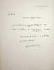 Lettre autographe sign&eacute;e. Auguste Gilbert de Voisins (1877-1939), &eacute;crivain. 