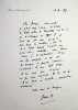 Lettre autographe sign&eacute;e. Jean Dutourd (1920-2011), &eacute;crivain, membre de l'Acad&eacute;mie fran&ccedil;aise. 