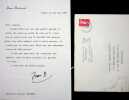Lettre sign&eacute;e. Jean Dutourd (1920-2011), &eacute;crivain, membre de l'Acad&eacute;mie fran&ccedil;aise. 
