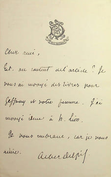Lettre autographe signée. Albert Delpit (1849-1893), écrivain, né à la Nouvelle-Orléans (USA).