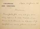 Lettre autographe sign&eacute;e. No&euml;l Parfait (1813-1896), &eacute;crivain, d&eacute;put&eacute;. 