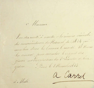 Lettre signée. Armand Carrel (1800-1836), journaliste, historien, écrivain, tué en duel par Emile de Girardin.