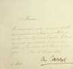 Lettre sign&eacute;e. Armand Carrel (1800-1836), journaliste, historien, &eacute;crivain, tu&eacute; en duel par Emile de Girardin. 