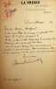 Lettre autographe sign&eacute;e &agrave; Georges Montorgueil. Henri Br&eacute;montier (1869-1931), publiciste, journaliste, premier &eacute;poux de Jeanne Br&eacute;montier, premi&egrave;re ...