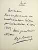 Lettre autographe sign&eacute;e. Alphonse Duvernoy (1842-1907), compositeur, pianiste.