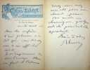 Lettre autographe sign&eacute;e &agrave; Georges Montorgueil. Ren&eacute; Emery (1861-1918), journaliste, romancier, r&eacute;dacteur en chef du journal Fin de Si&egrave;cle. 