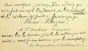 Carte autographe sign&eacute;e. Ren&eacute; Bazin (1853-1932), &eacute;crivain, membre de l'Acad&eacute;mie fran&ccedil;aise. 