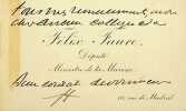 Carte autographe sign&eacute;e. F&eacute;lix Faure (1841-1899), homme politique, ministre, pr&eacute;sident de la r&eacute;publique mort &laquo; en exercice &raquo;.