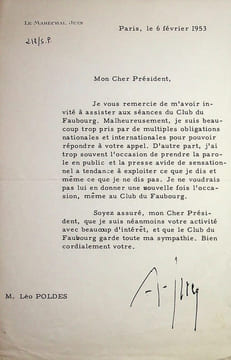 Lettre signée à Léo Poldès. Alphonse Juin (1888-1967), général, maréchal de France en 1952, un des grands chefs de la Libération. 