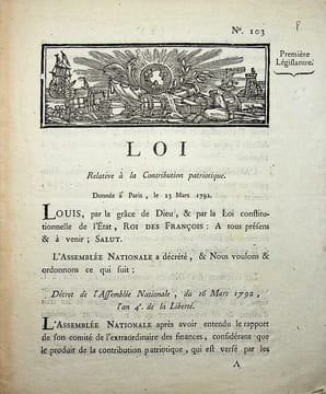 Loi relative à la Contribution patriotique donné à Paris le 23 mars 1792. . [Révolution française, Contribution patriotique]