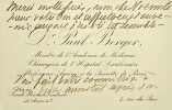 Carte autographe sign&eacute;e. Paul Berger (1845-1908), chirurgien fran&ccedil;ais. 